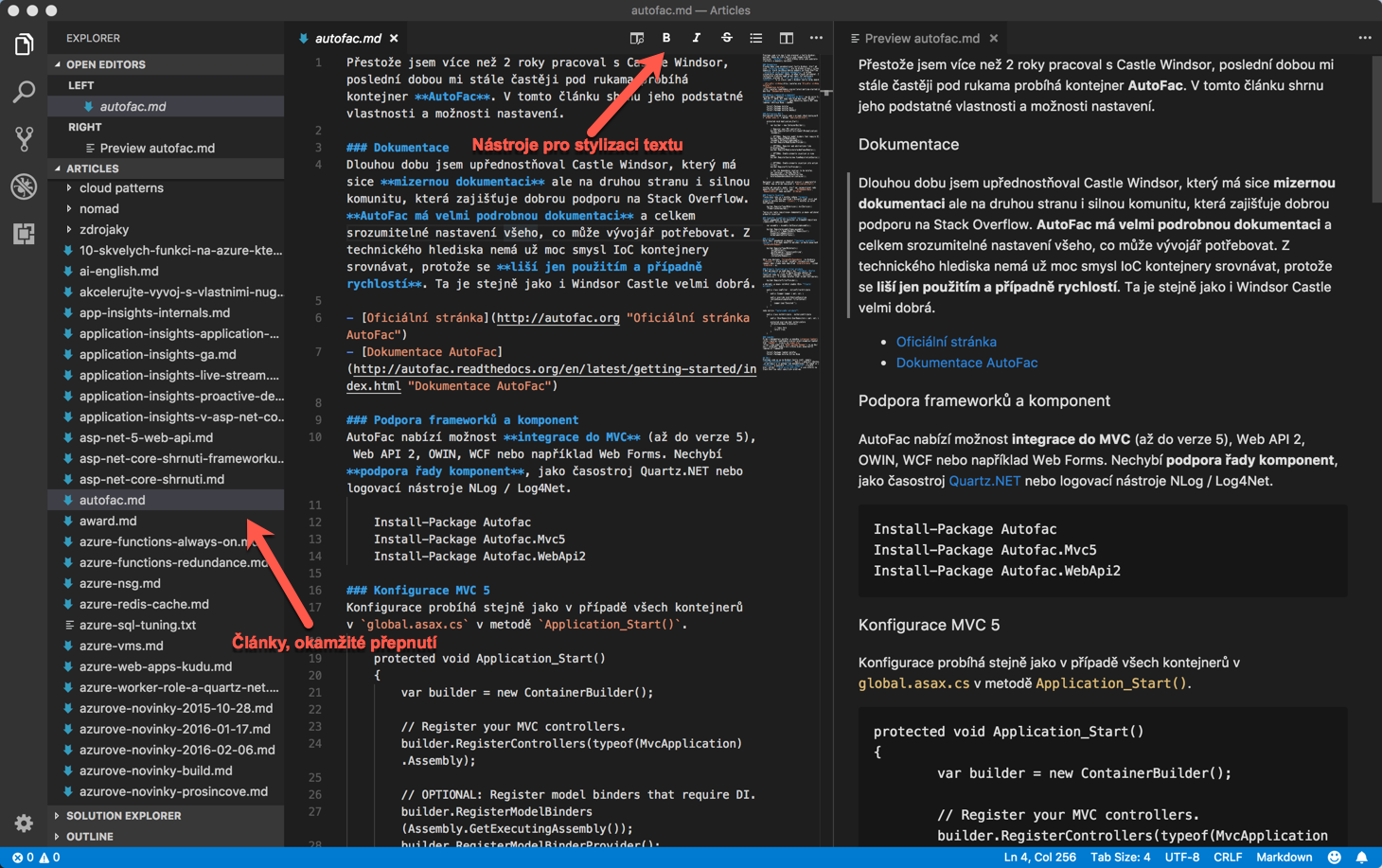 Ukázka editace markdownu ve Visual Studiu Code