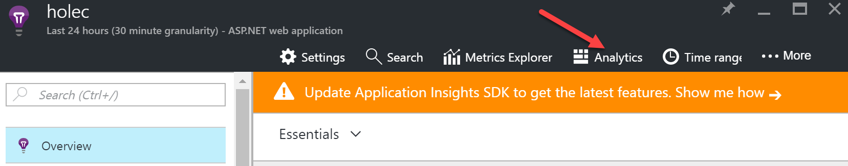 Vstup na portál App Insights Analytics