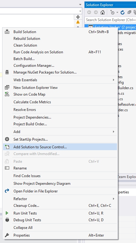 Visual Studio - založení repositáře přes Solution Explorer