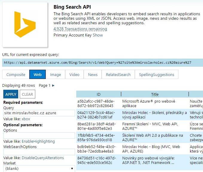 Explore Dataser Bing Search API